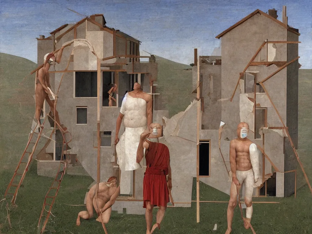 Image similar to House under renovation. The worker is muscular and has one eye with a red pupil in the middle of his face, like a cyclops. Painting by Alex Colville, Piero della Francesca.