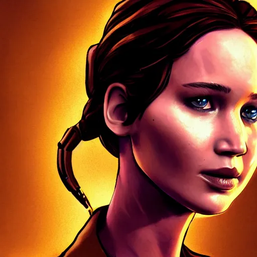 Image similar to jennifer lawrence portrait, borderlands, tales from the borderlands, the wolf among us, comic, cinematic lighting, studio quality, 8 k