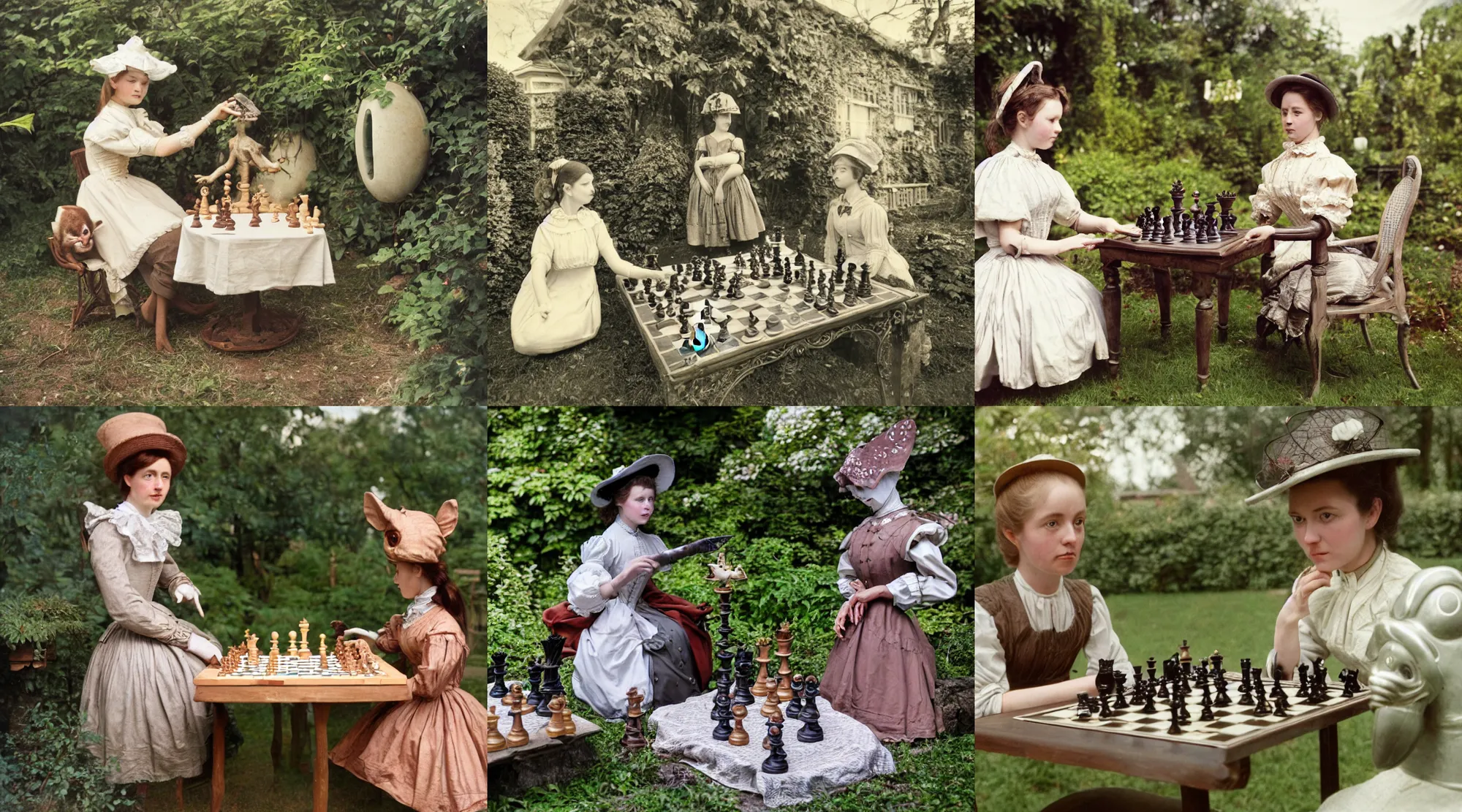 Prompt: detailed, sharp, a girl playing chess with her cute pet humanoid alien creature, wearing 1850s era clothes, not wearing a hat, in the garden of a house on an alien planet, extremely highly detailed, in focus faces, 70 mm film still from a period sci fi color movie, 4k, HD, cinematic lighting