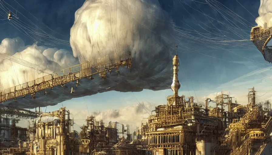 Prompt: an inflated stainless steel chrome gondola in the clouds, people are hanging by steel cables. Oil rigs in the sky. Intricate technical drawing. Mammatus clouds. Ornate, brilliant, utopian, detailed, Golden ratio, solarpunk technology by Jim Burns and Craig Mullins