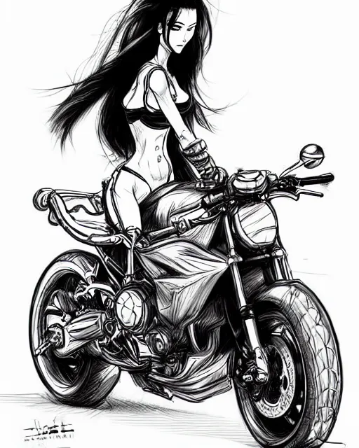 Prompt: an attractive woman on a motorcycle in the style of kim jung gi, sketch, drawing, detailed, art, high definition, high quality