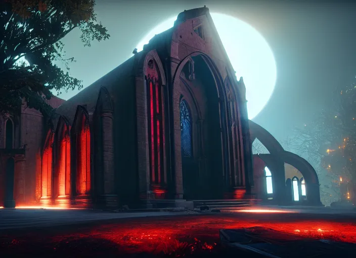 Image similar to ancient church of worship with red shafts of light in destiny 2, foggy, liminal, dark, dystopian, beautiful architecture, abandoned, highly detailed 4 k 6 0 fps destiny 2 promotional poster image wallpaper expansion