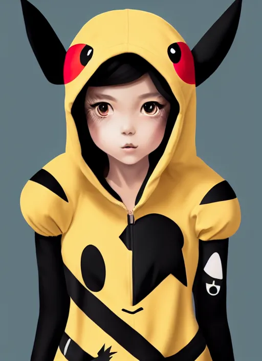 Image similar to a portrait of a girl in pikachu kigurumi, grim - lighting, high - contrast, intricate, elegant, highly detailed, digital painting, artstation, concept art, smooth, sharp focus, illustration