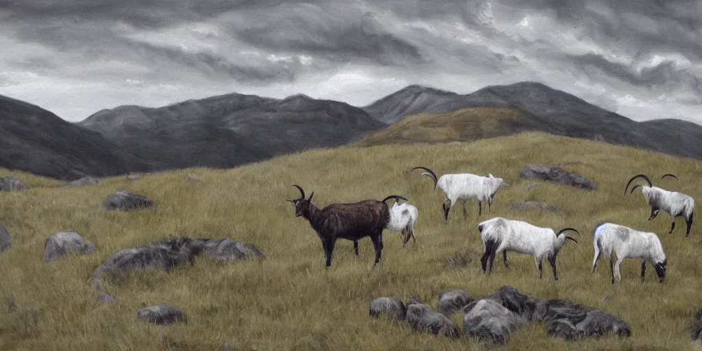 Prompt: painting of hill goats grazing in cold craggy highlands, grey, overcast