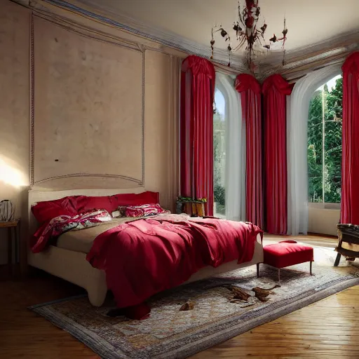 Image similar to rich bedroom, beautiful detail, red velvet bedding, liminal space, high detail, rendered in unreal engine, 3d render, god rays, volumetric lighting, mansion, interior, large windows, vegetation