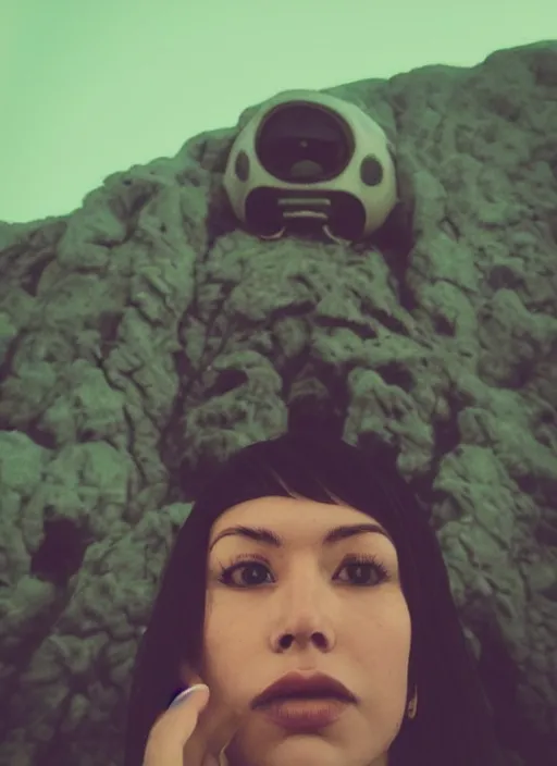 Image similar to front camera instagram selfie of a woman who is stood infront of an alien invasion of the earth, highly detailed, 4k