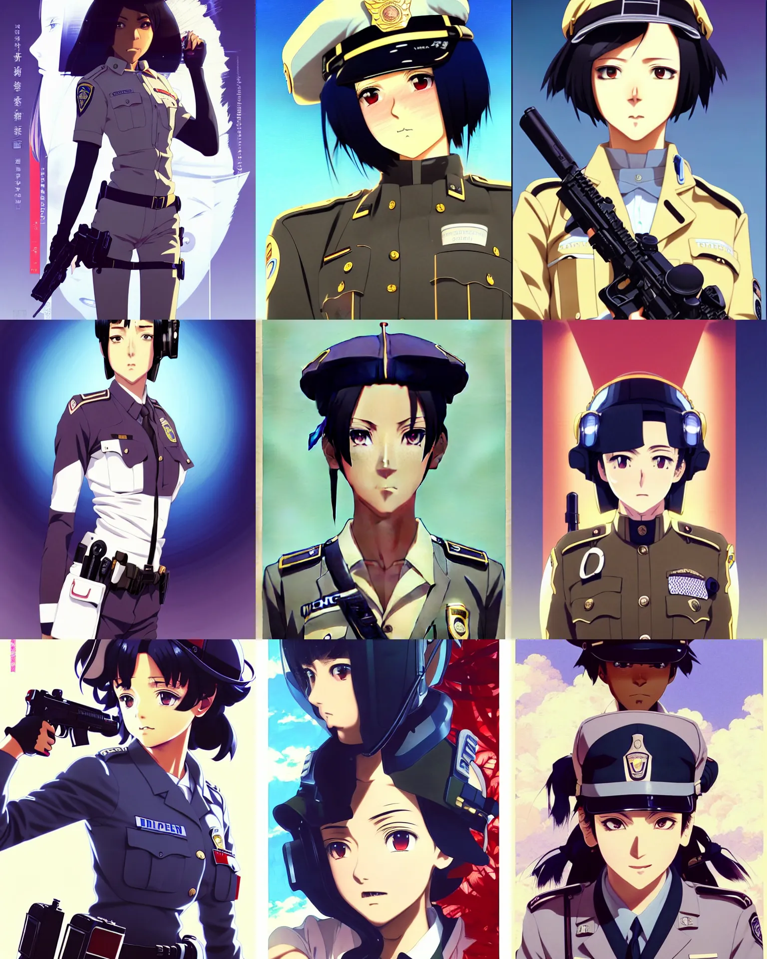Prompt: A beautiful young anime [African-American/white/asian] dieselpunk policewoman || very anime, fine-face, pretty face, realistic shaded Perfect face, fine details. Anime. realistic shaded lighting poster by Ilya Kuvshinov katsuhiro otomo ghost-in-the-shell, magali villeneuve, artgerm, Jeremy Lipkin and Michael Garmash and Rob Rey