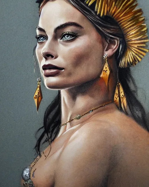 Image similar to realism tattoo sketch of margot robbie as a beautiful greek goddess aphrodite with piercing eyes wearing a laurel wreath and triangle earrings, in the style of greg rutkowski, amazing detail