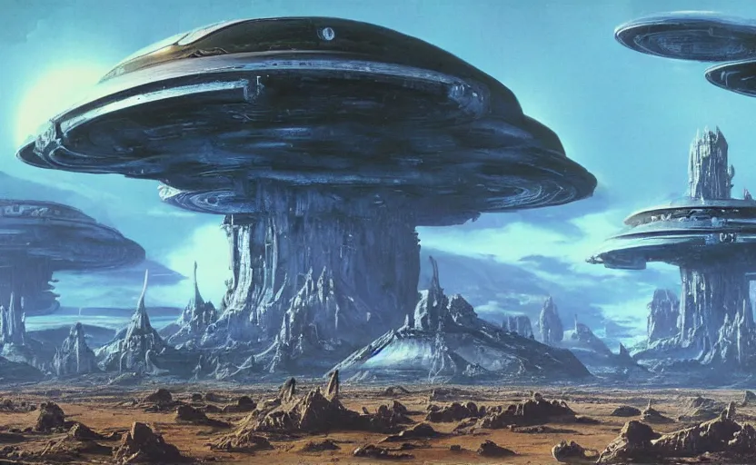 Image similar to photorealistic alien empire matte painting by bruce pennington