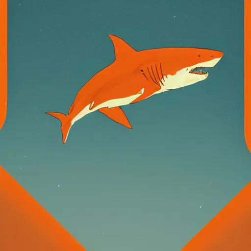 Prompt: great white shark with an orange traffic cone orange traffic cone orange traffic cone instead of a fin - ron cheng & alphonse mucha, highly detailed, digital painting, ray tracing, concept art, illustration, smooth sharp focus, intricate, symmetry, artstation,