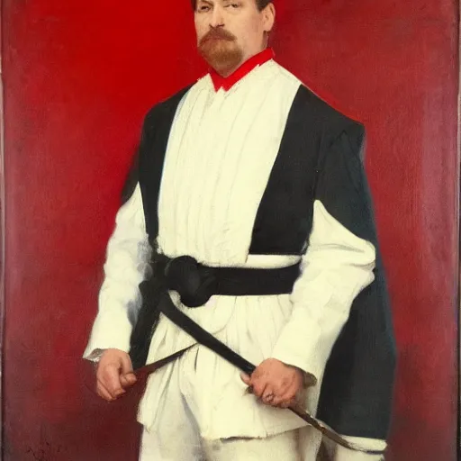 Image similar to the honorable duke, a 5 0 year old man in traditional german noble attire, red and white belt on top of his suit, oil on canvas, 1 9 0 5