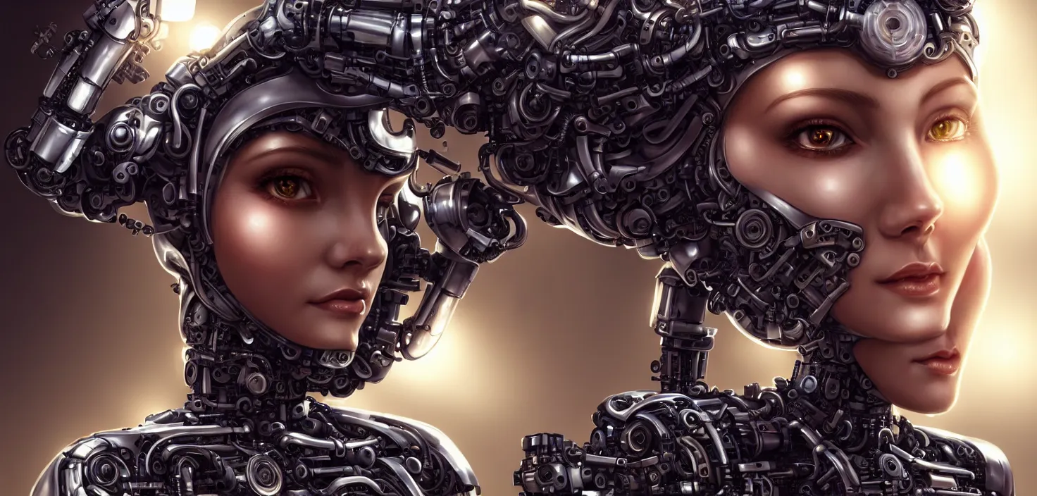 Prompt: female mechanical android!, half portrait, intricate detailed environment, photorealistic | | big eyes, sunny, dreamlike art, realistic shaded, smile, good looking, hyper details, 4 k realistic, cryengine, realistic shaded lighting poster by artgerm, ross tran, fuji choko, loish, 8 k resolution, trending on artstation, luxury