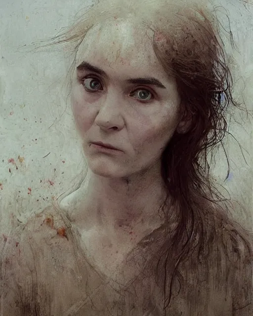 Prompt: a beautiful but sinister girl who looks like a young shirley henderson in dead space, with haunted eyes and crazy hair, eerie moorlands behind her, horrifying, 1 9 7 0 s, seventies, delicate embellishments, a little blood, crimson, painterly, offset printing technique, by jules bastien - lepage and mary jane ansell