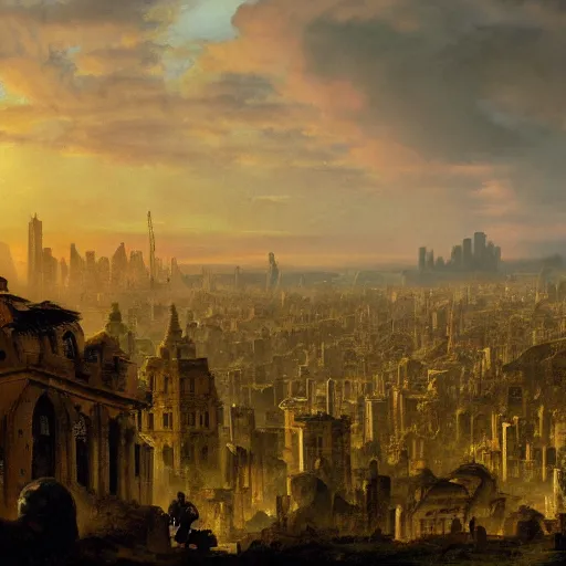 Prompt: vista of a city at sunset, the city is a sprawling renaissance city that is built amidst hilly cyclopean tombs and overgrown by the rainforest, rpg, hubert robert, cityscape, vista, dying earth, gene wolfe