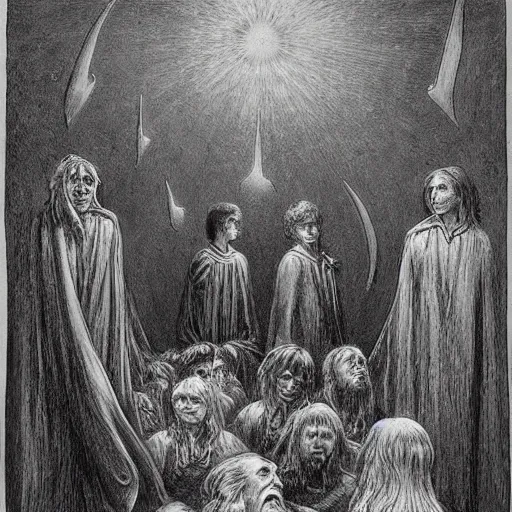 Image similar to harry potter students, by gustave dore and william blake