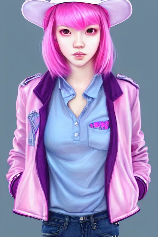 Image similar to gorgeous!!! hyper - realistic teenager girl with pink hair, light pink fedora hat and light pink jacket, with purple gloves, blue jeans and white shoes | drawn by wlop, drawn by jeehyung lee, drawn by artgerm | intricate, highly detailed, digital painting, character design, concept art, illustration, artstation