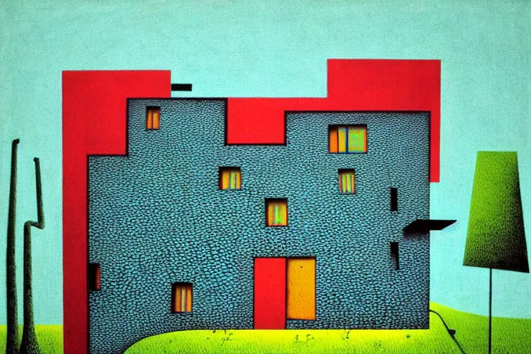Image similar to surreal glimpse into other universe, house by le corbusier, summer morning, very coherent and colorful high contrast, art by!!!! gediminas pranckevicius!!!!, geof darrow, floralpunk screen printing woodblock, dark shadows, hard lighting, stipple brush technique,