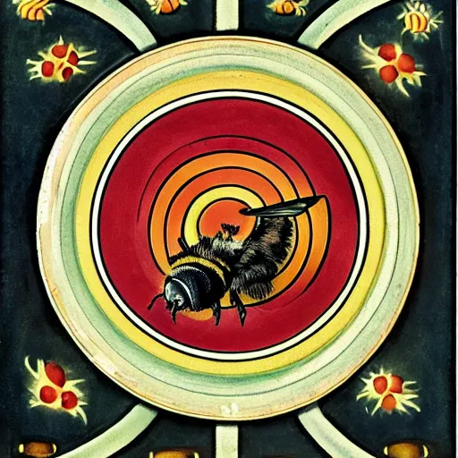 Image similar to a bloody ritual spell with a bumblebee at the middle of a bullseye of salt, art nouveau