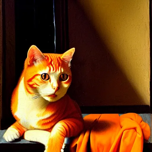 Image similar to a painting of an orange cat staring profoundly into the window, a detailed painting by johannes vermeer, behance, american scene painting, dutch golden age, detailed painting, academic art