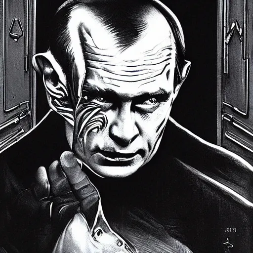 Prompt: portrait of vladimir putin as evil gremlin by vincent di fate, artgrem, jason edmiston, black & white ink, retro, comic book