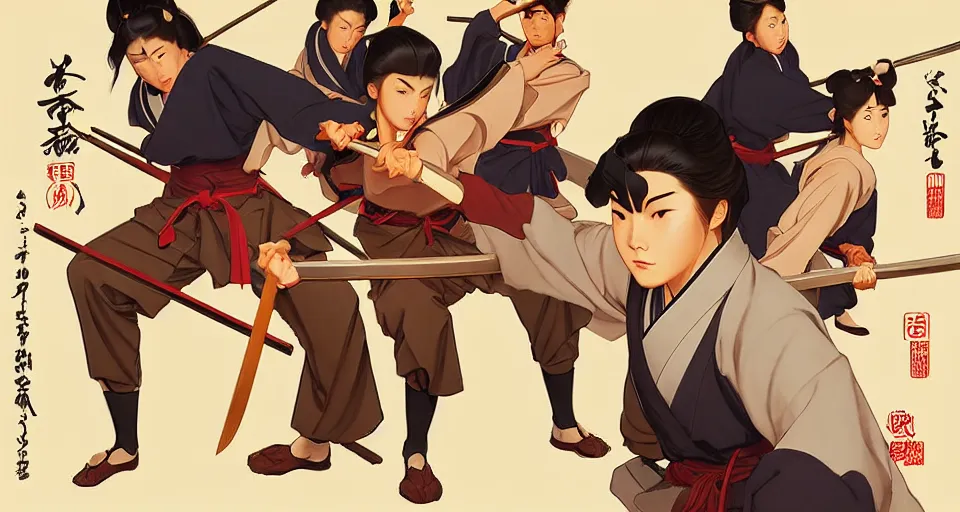 Image similar to samurai training school, in the style of studio ghibli, j. c. leyendecker, greg rutkowski, artgerm