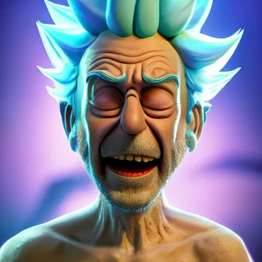 Image similar to full body pose, hyperrealistic photograph of rick sanchez from rick and morty, dim volumetric lighting, 8 k, octane beautifully detailed render, extremely hyper detailed, intricate, epic composition, cinematic lighting, masterpiece, trending on artstation, very very detailed, stunning, hdr, smooth, sharp focus, high resolution, award, winning photo, dslr, 5 0 mm