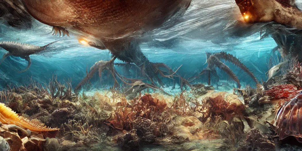 Prompt: underwater view of a variety of cambrian era predators and prey ammonites, giant sea scorpions, echinoderms, horseshoe crabs, octane render, cinema 4 d, light rays, cinematic lighting, golden ratio, underwater photography, realistic, volumetric lighting, wildlife documentary, by greg rutkowski