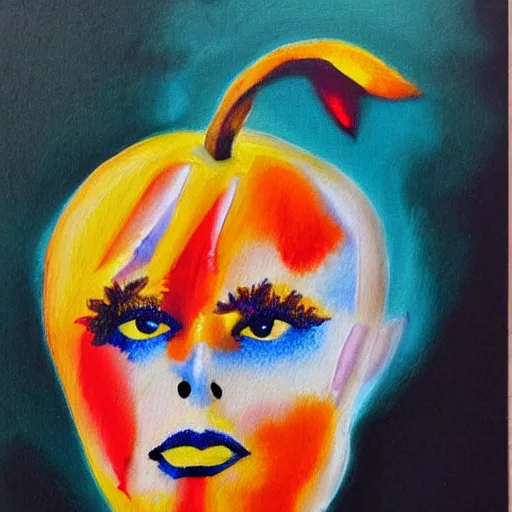 Prompt: an apricot that has been painted in the style of david bowie