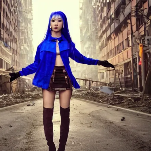 Prompt: breathtaking photo of an attractive young asian elf woman with pointy ears and blue hair, wearing a jacket, crop top, miniskirt, and knee-high boots, crouching in an endlessly sprawling hazy abandoned city at night, 8K