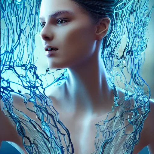 Prompt: a highly detailed digital image of a futuristic woman beautifully intertwined in liquid like leaves, by Andrew Chiampo, artstation, and Frederik Heyman, extremely detailed woman, stunning volumetric lighting, hyper realism, fantasy 4k