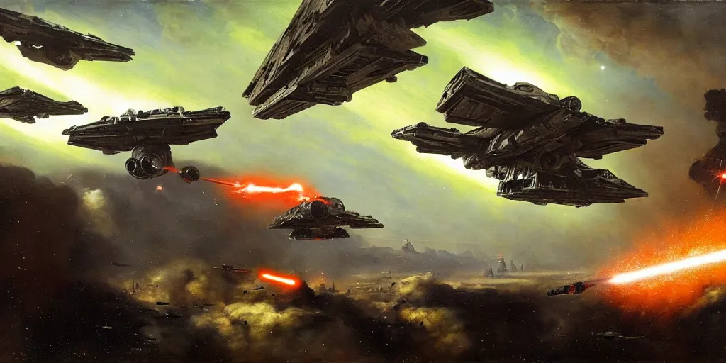 Prompt: star wars space battle in outer space small tie fighters shoot small thin green laser bolts at a massive rebel capital ship, which explodes. painted by jan matejko, greg rutkowski and gustave courbet. oil on canvas, sharp focus, cinematic atmosphere, huge explosions, detailed and intricate environment