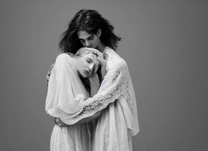 Image similar to married couple, jesus hugging a woman, spirit hugs, in style of paolo roversi, britt marling style 3 / 4, a beautiful ethereal lace white robe, 8 k, soft focus, soft light, volumetric lighting, highly detailed realistic, refined, highly detailed, natural outdoor soft pastel lighting colors scheme