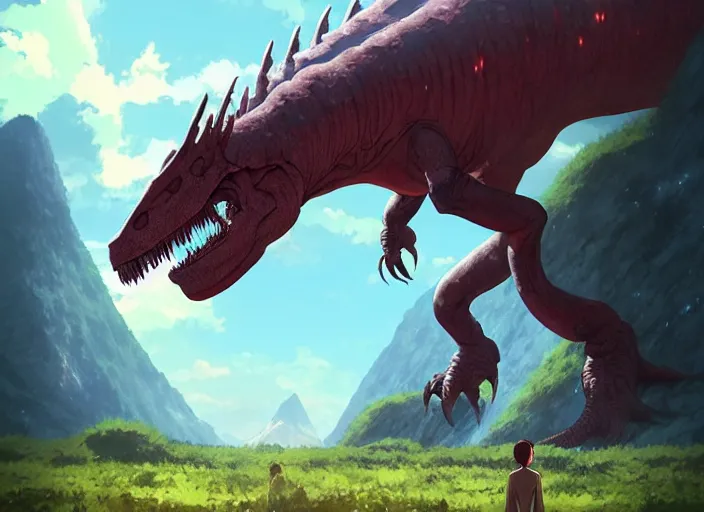 Prompt: a massive kaiju alien creature, dinosaur features, standing in a field, tall mountains in the back, horror, by makoto shinkai an krenz cushart