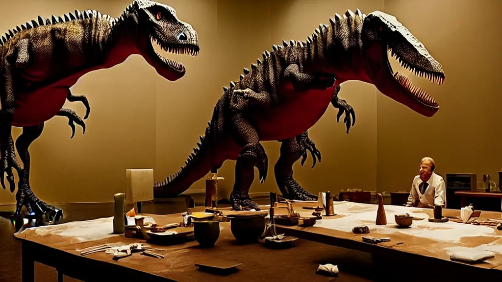 Image similar to the strange dinosaur sits at a table, made of wax and water, film still from the movie directed by Denis Villeneuve with art direction by Salvador Dalí, long lens, shallow depth of field