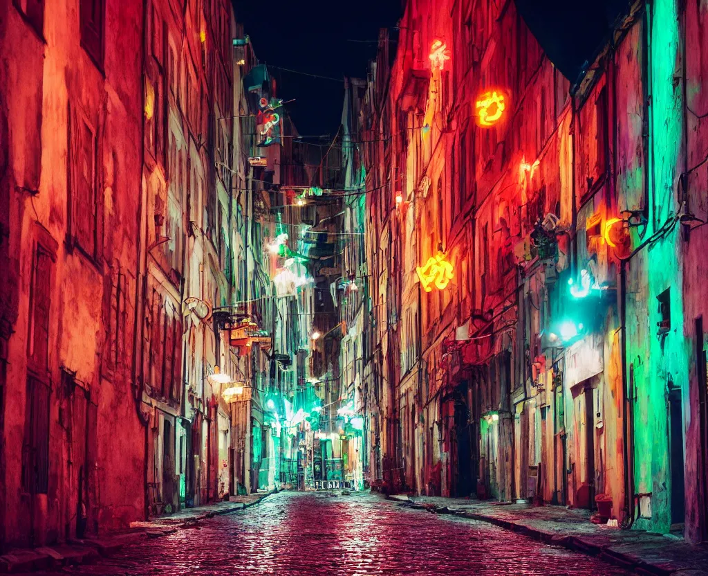 Image similar to Narrow polish street full of colorful vintage neons, crowd of partying people, late evening, 35mm f8.0, long exposure, focus on the neons, full frame, film photography