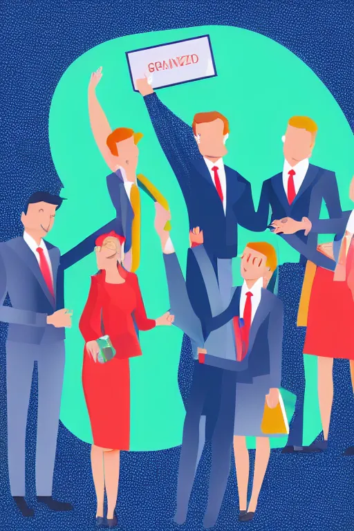 Prompt: corporate Vector illustration of business people jubilant at winning a prize, colourful, high detail, broadband.