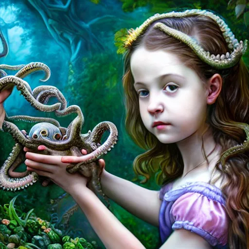 Prompt: detailed matte painting of a full complete head and body view of a beautiful victorian girl child touching an octopus plant in a garden by android jones, 8 k, realistic