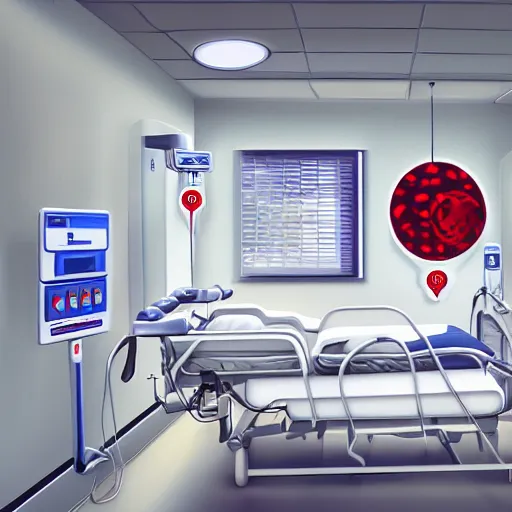 Image similar to IV station with patient in hospital bed getting blood transfusion, digital art