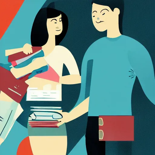 Prompt: two happy people exchanging articles of clothing with each other, illustration, clean, modern