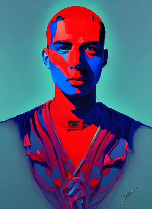 Prompt: red and blue color theme, beautiful hyperrealisitic portrait of burning police officer, tristan eaton, victo ngai, artgerm, rhads, ross draws