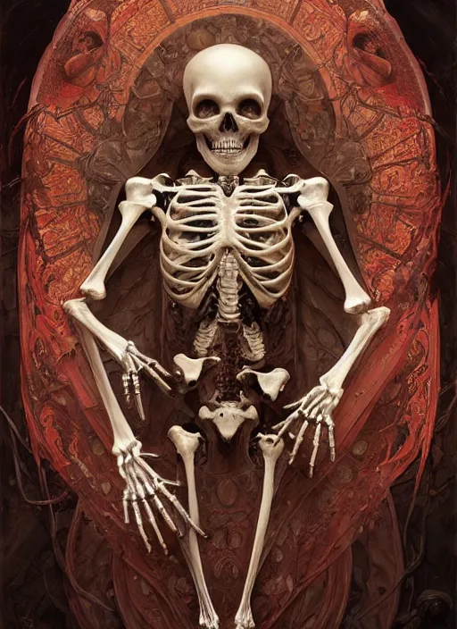 Image similar to human skeleton covered with blood, ultra realistic, concept art, intricate details, highly detailed, photorealistic, octane render, 8 k, unreal engine. art by artgerm and greg rutkowski and alphonse mucha