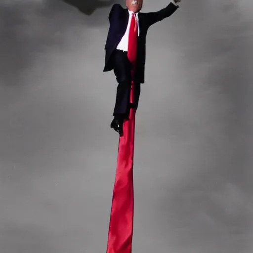 Prompt: Donald Trump, climbing a twenty foot tall red necktie, angry, press photo