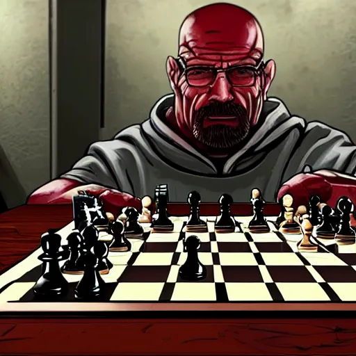 Image similar to the doom slayer trying to defeat walter white at chess