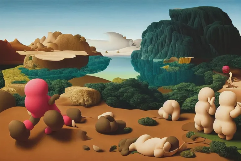 Prompt: 3 d landscape by kaws, peter tarka, james jean and salvador dali and shusei nagaoka, oil on canvas, surrealism, neoclassicism, renaissance, hyper realistic, cell shaded, 8 k