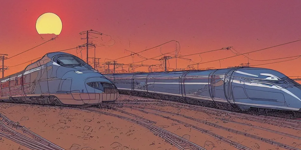 Prompt: weird west futuristic bullet train into the sunset, desaturated delicate illustration by moebius jean giraud