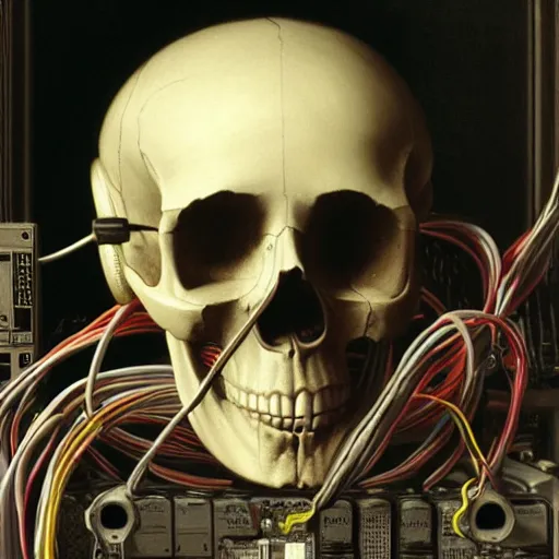 Prompt: a painting by Thomas Cole of a skull wearing headphones connected with many wires and coords to an old computer terminal, highly detailed