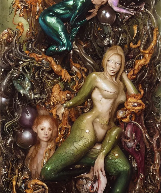 Prompt: a portrait photograph of a fierce mutated hybrid super villian with slimy skin. she looks like cate blanchet and is showing off a colorful infected bulbous shiny organic catsuit. by donato giancola, hans holbein, walton ford, gaston bussiere, peter mohrbacher and brian froud. 8 k, cgsociety, fashion editorial