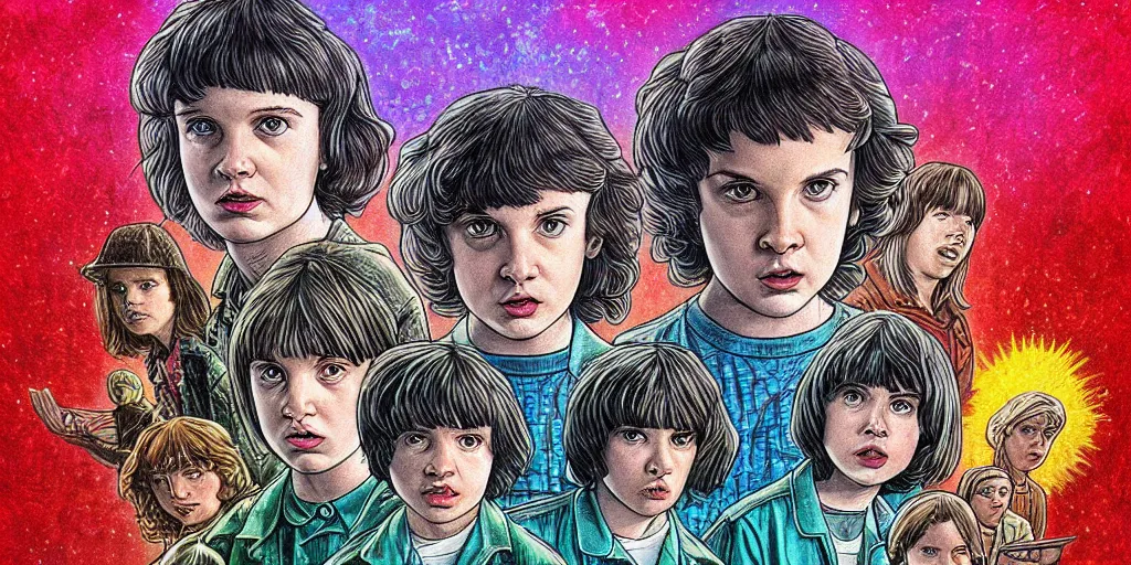 Image similar to stranger things cast, drawn by moebius, detailed