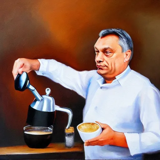 Image similar to viktor orban making specialty coffee, oil painting