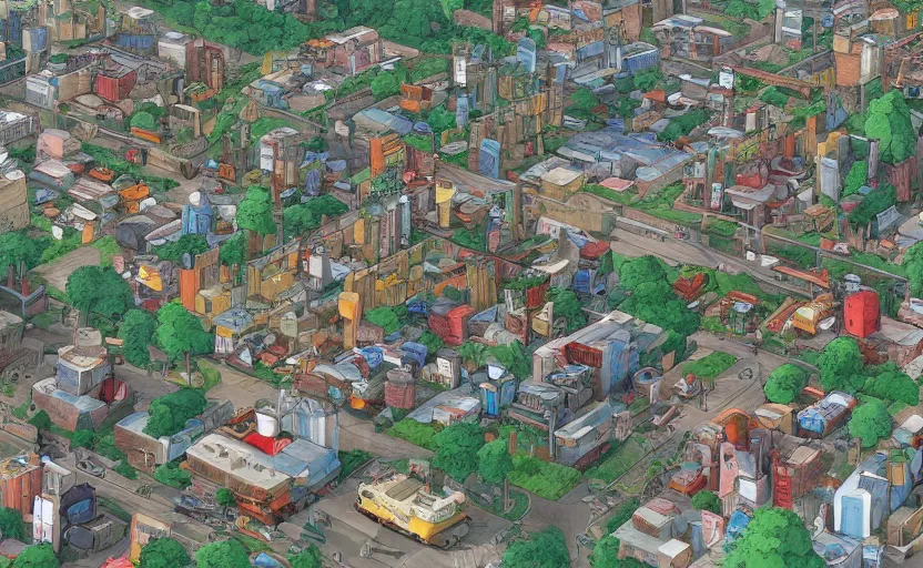 Image similar to a realistic cell - shaded studio ghibli concept art from paprika ( 2 0 0 6 ) of an overpopulated construction site city filled with living cars with faces and eyes, portal, hd, 4 k, hq